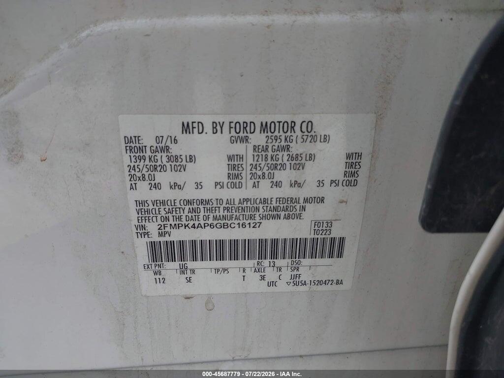 2FMPK4AP6GBC16127 2016 FORD EDGE photo no. 9