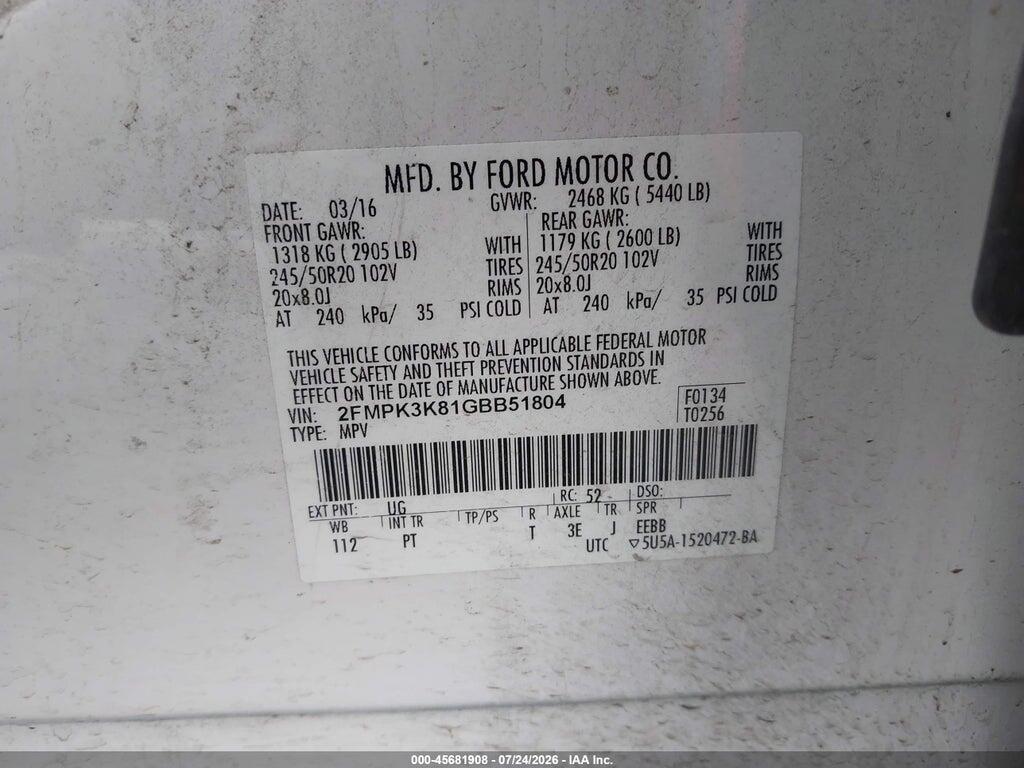 2FMPK3K81GBB51804 2016 FORD EDGE photo no. 9