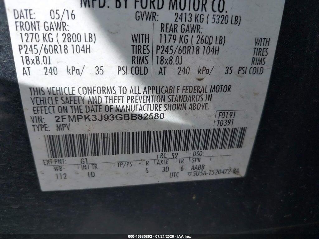 2FMPK3J93GBB82580 2016 FORD EDGE photo no. 9