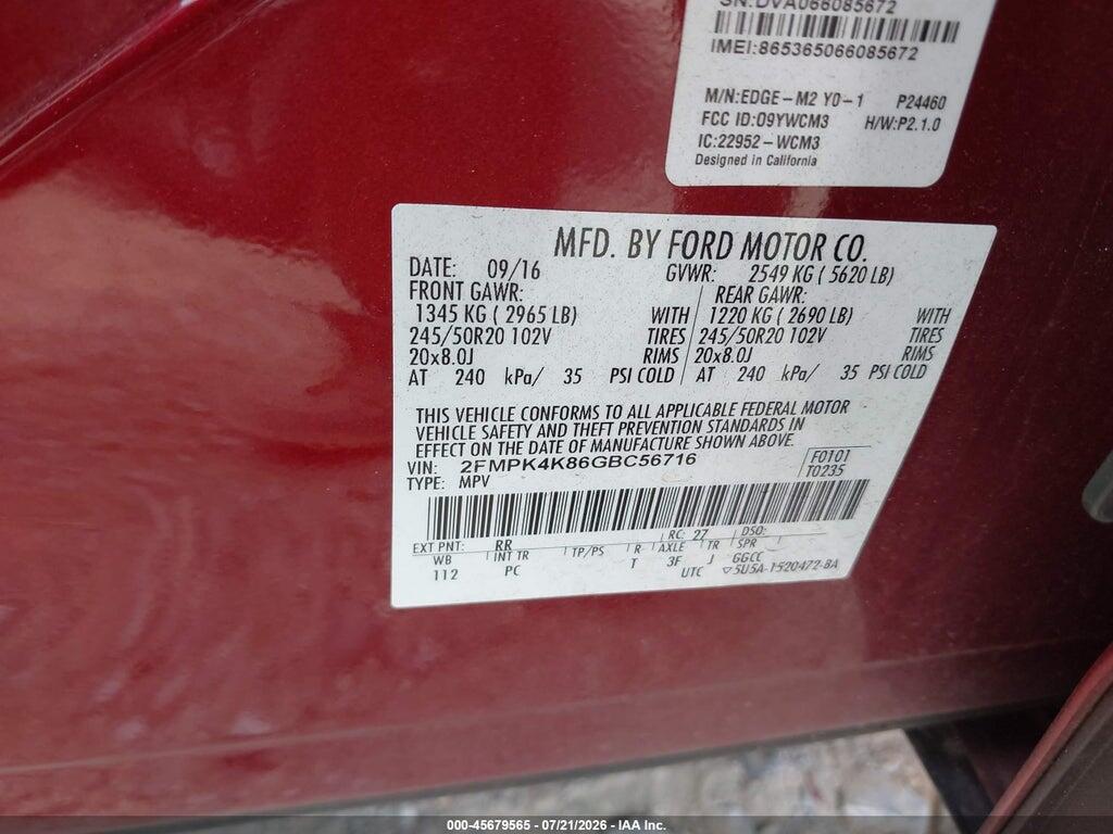 2FMPK4K86GBC56716 2016 FORD EDGE photo no. 9