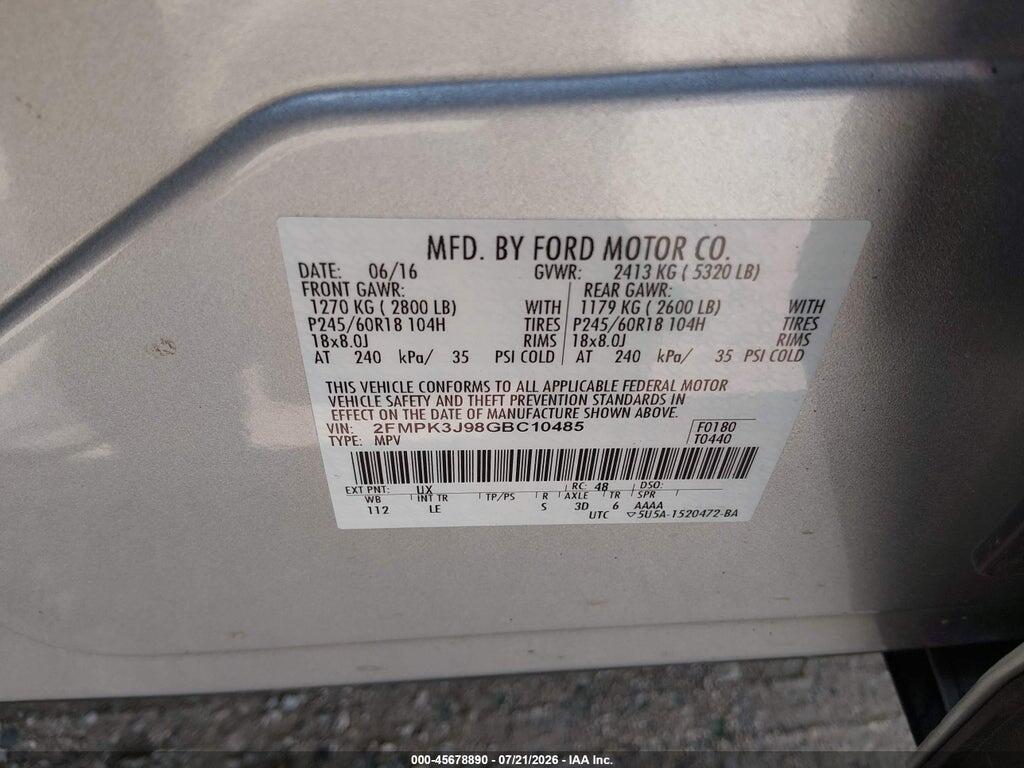 2FMPK3J98GBC10485 2016 FORD EDGE photo no. 9