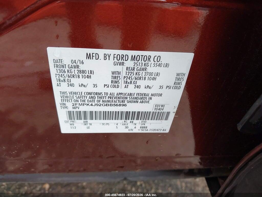 2FMPK4J92GBB56896 2016 FORD EDGE photo no. 9