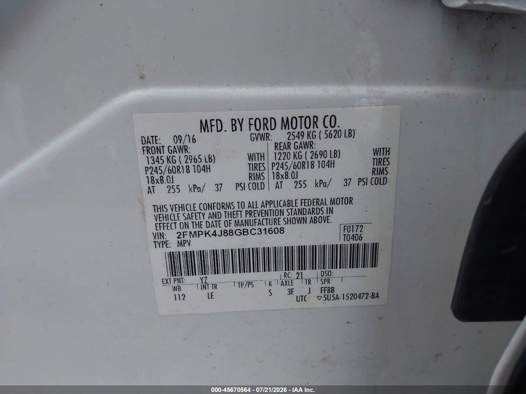 2FMPK4J88GBC31608 2016 FORD EDGE photo no. 9