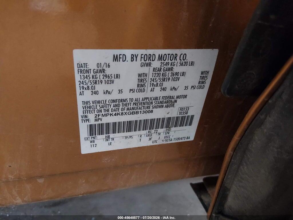 2FMPK4K8XGBB13008 2016 FORD EDGE photo no. 9