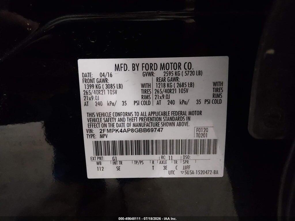 2FMPK4AP8GBB69747 2016 FORD EDGE photo no. 9