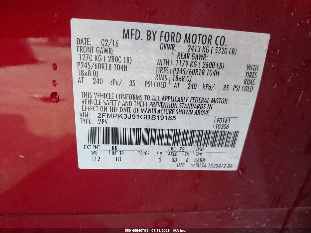 2FMPK3J91GBB19185 2016 FORD EDGE photo no. 9
