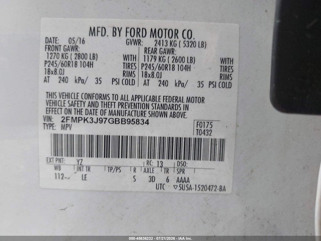 2FMPK3J97GBB95834 2016 FORD EDGE photo no. 9