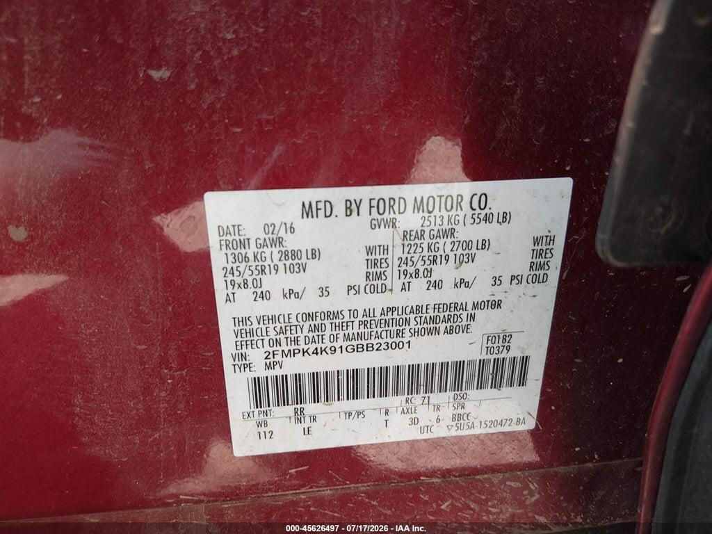 2FMPK4K91GBB23001 2016 FORD EDGE photo no. 9