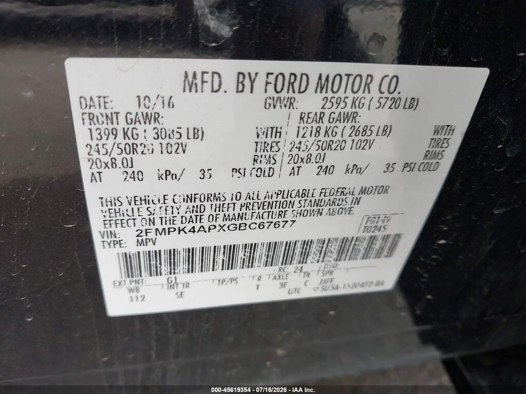 2FMPK4APXGBC67677 2016 FORD EDGE photo no. 9