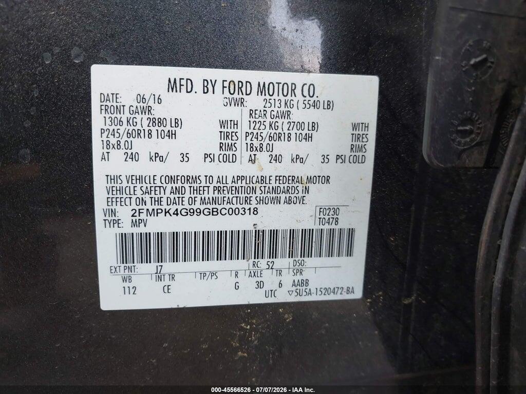 2FMPK4G99GBC00318 2016 FORD EDGE photo no. 9