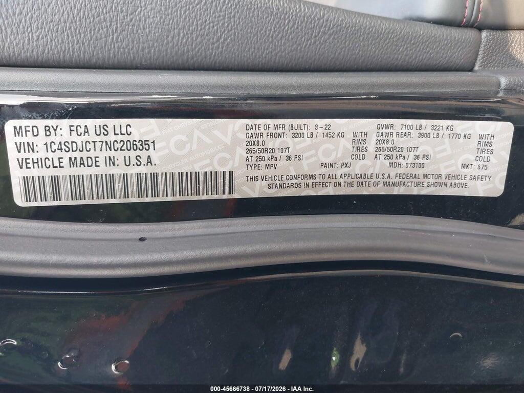 1C4SDJCT7NC206351 2022 DODGE DURANGO photo no. 9