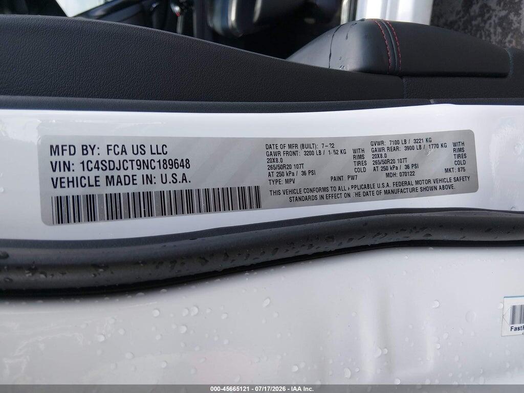 1C4SDJCT9NC189648 2022 DODGE DURANGO photo no. 9