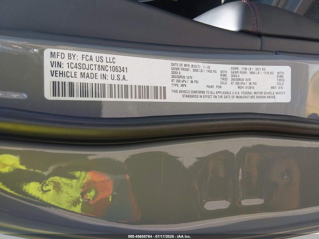 1C4SDJCT8NC106341 2022 DODGE DURANGO photo no. 9