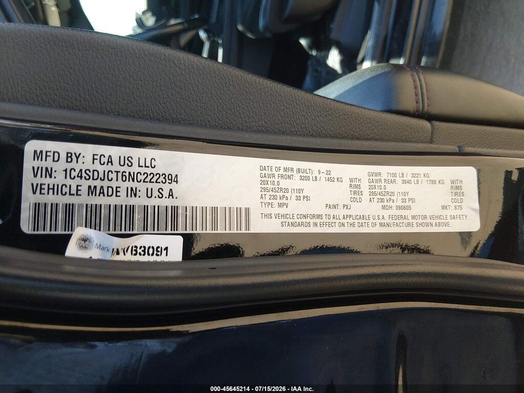 1C4SDJCT6NC222394 2022 DODGE DURANGO photo no. 9
