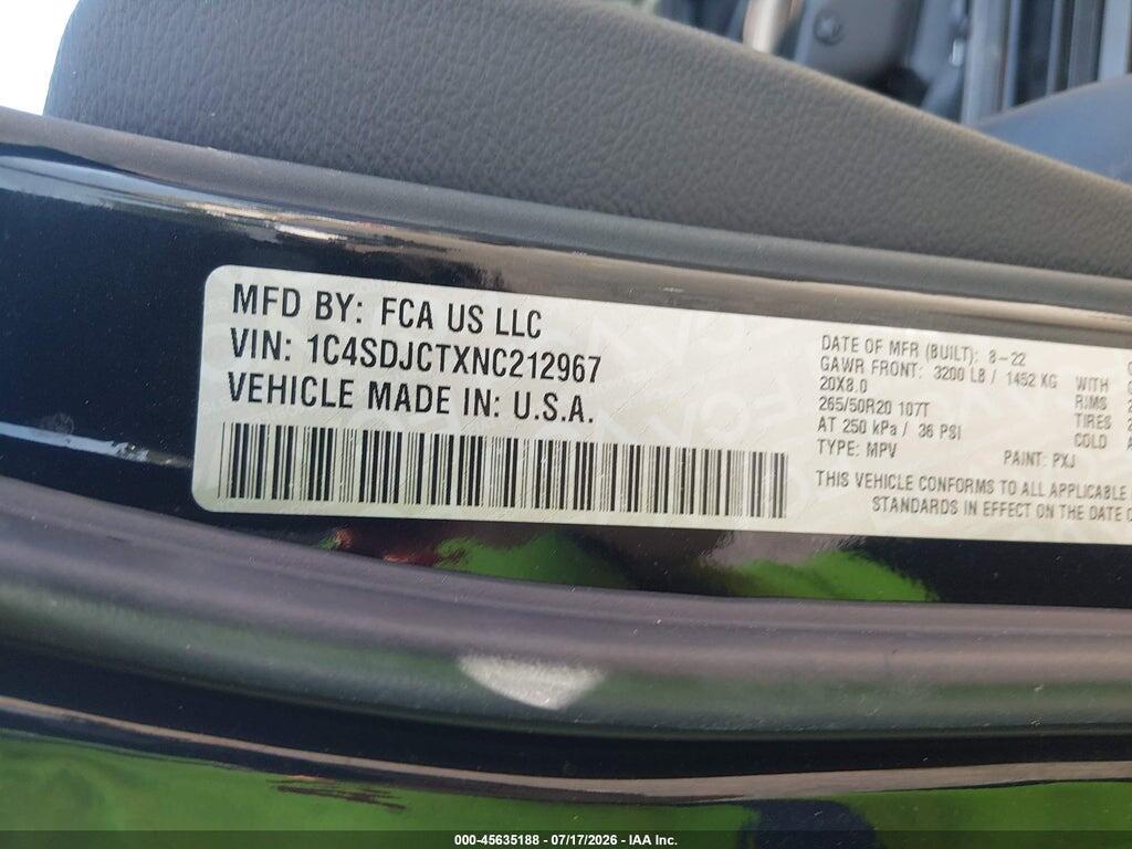 1C4SDJCTXNC212967 2022 DODGE DURANGO photo no. 9