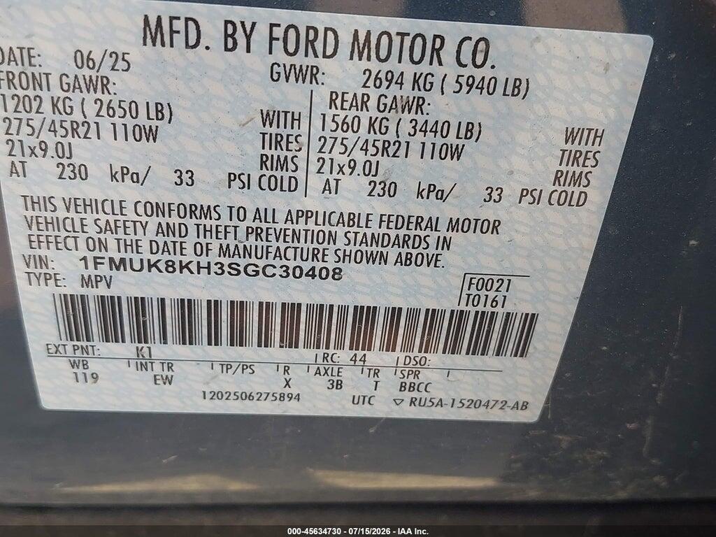1FMUK8KH3SGC30408 2025 FORD EXPLORER photo no. 9