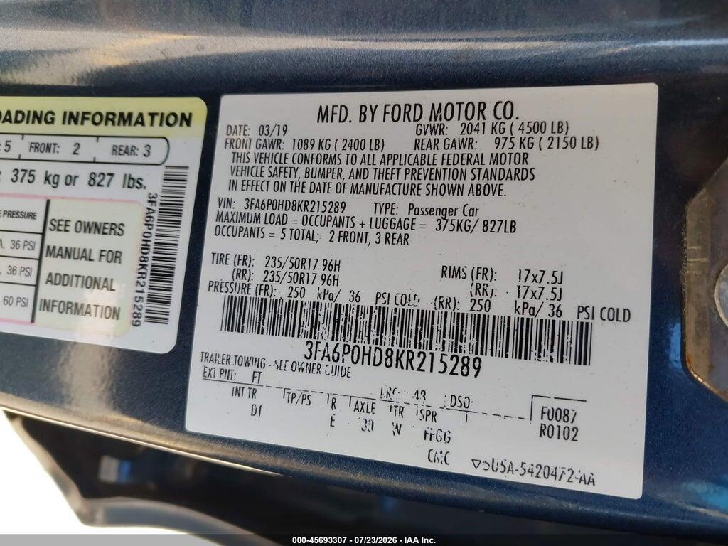 3FA6P0HD8KR215289 2019 FORD FUSION photo no. 9