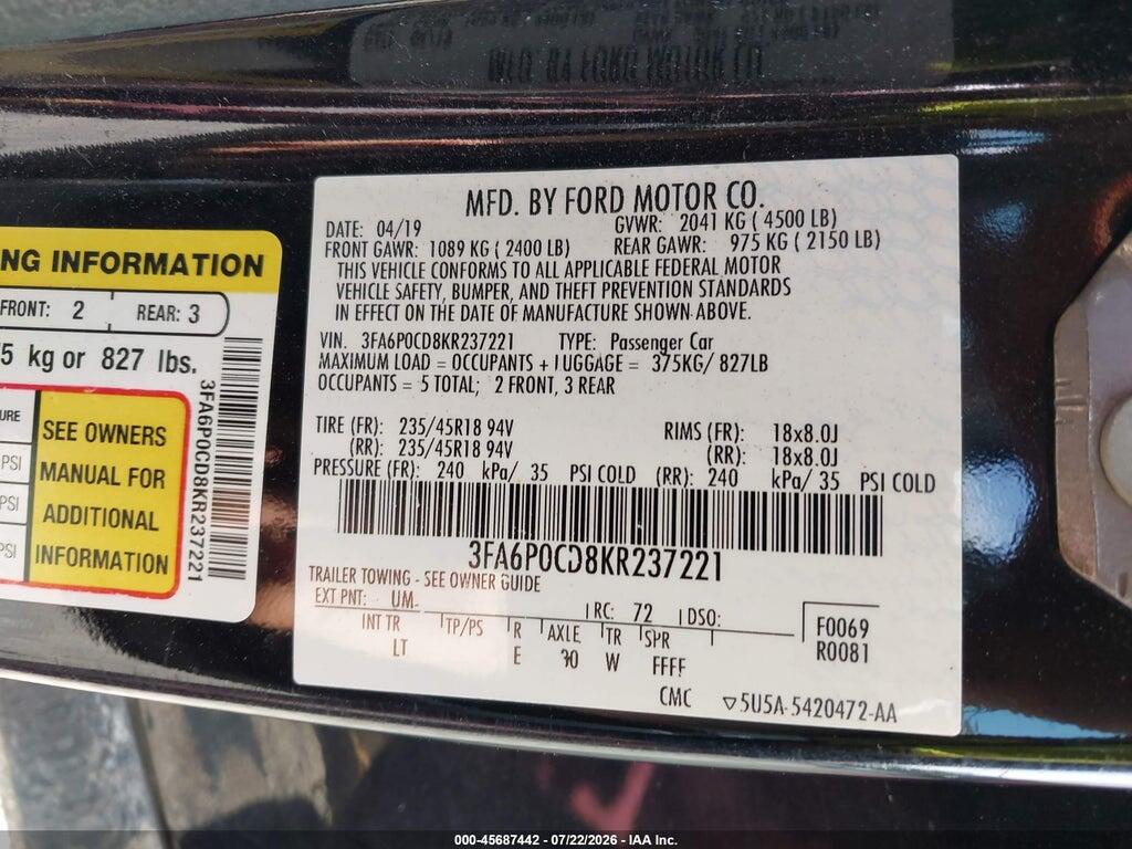 3FA6P0CD8KR237221 2019 FORD FUSION photo no. 9