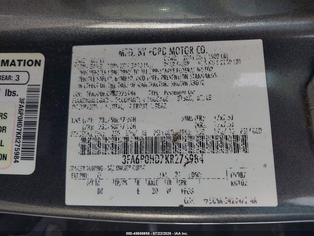 3FA6P0HD7KR275984 2019 FORD FUSION photo no. 9