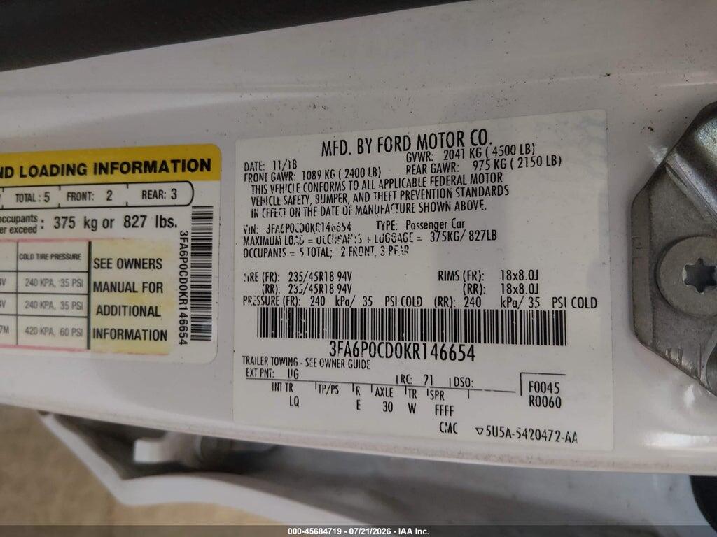 3FA6P0CD0KR146654 2019 FORD FUSION photo no. 9