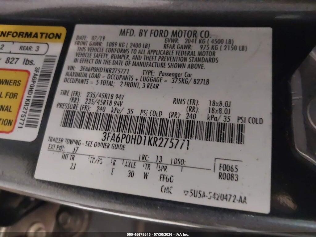 3FA6P0HD1KR275771 2019 FORD FUSION photo no. 9