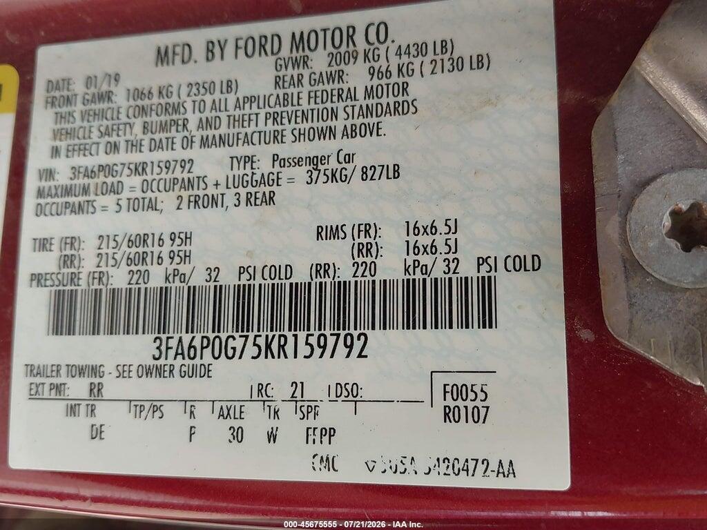 3FA6P0G75KR159792 2019 FORD FUSION photo no. 9