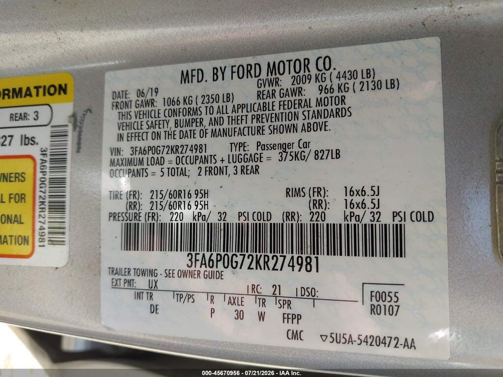 3FA6P0G72KR274981 2019 FORD FUSION photo no. 9