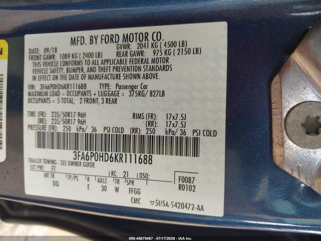 3FA6P0HD6KR111688 2019 FORD FUSION photo no. 9