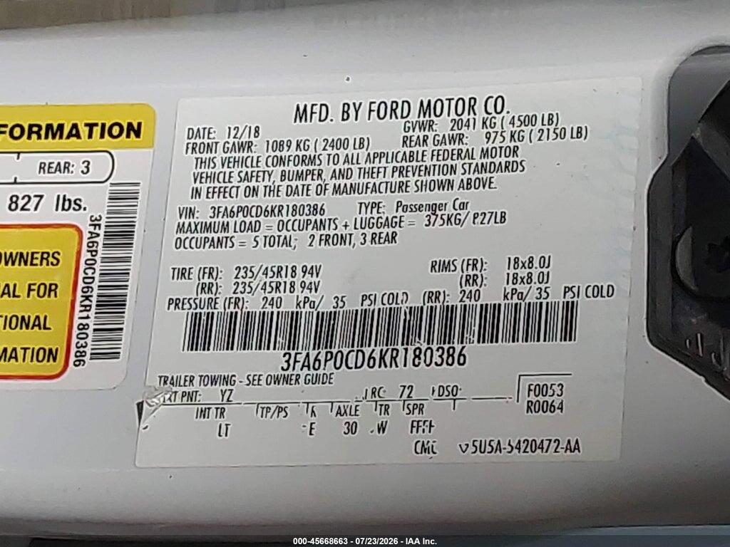 3FA6P0CD6KR180386 2019 FORD FUSION photo no. 9