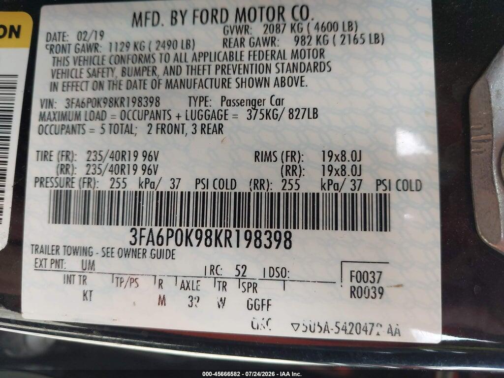 3FA6P0K98KR198398 2019 FORD FUSION photo no. 9