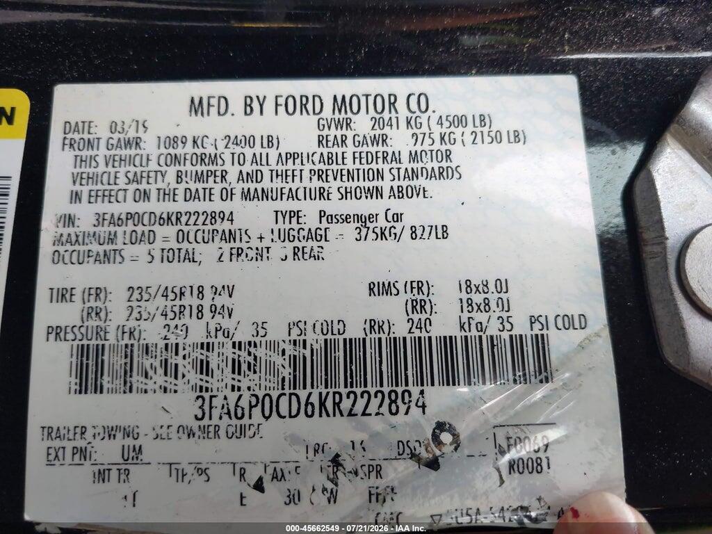 3FA6P0CD6KR222894 2019 FORD FUSION photo no. 9