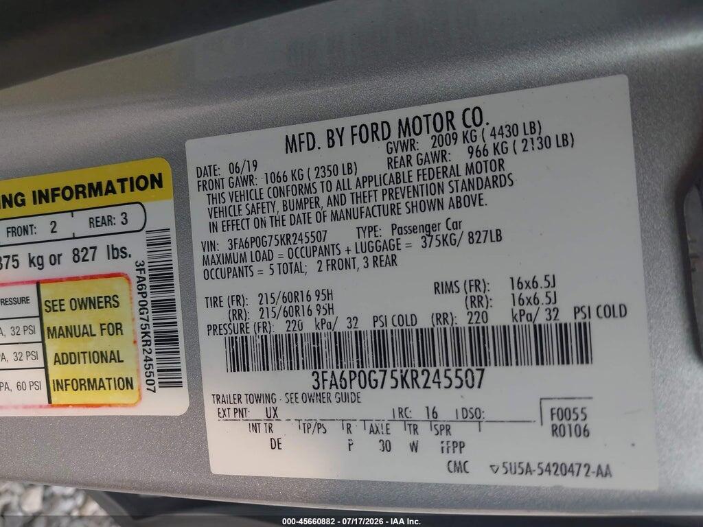 3FA6P0G75KR245507 2019 FORD FUSION photo no. 9