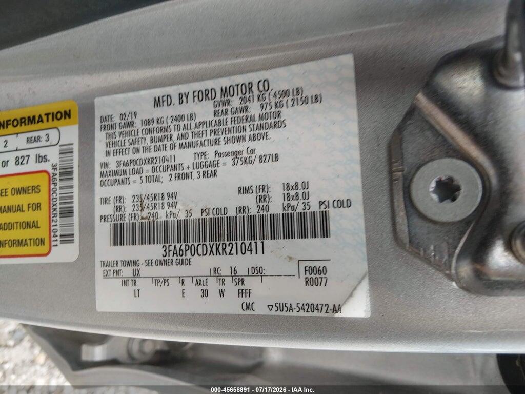 3FA6P0CDXKR210411 2019 FORD FUSION photo no. 9