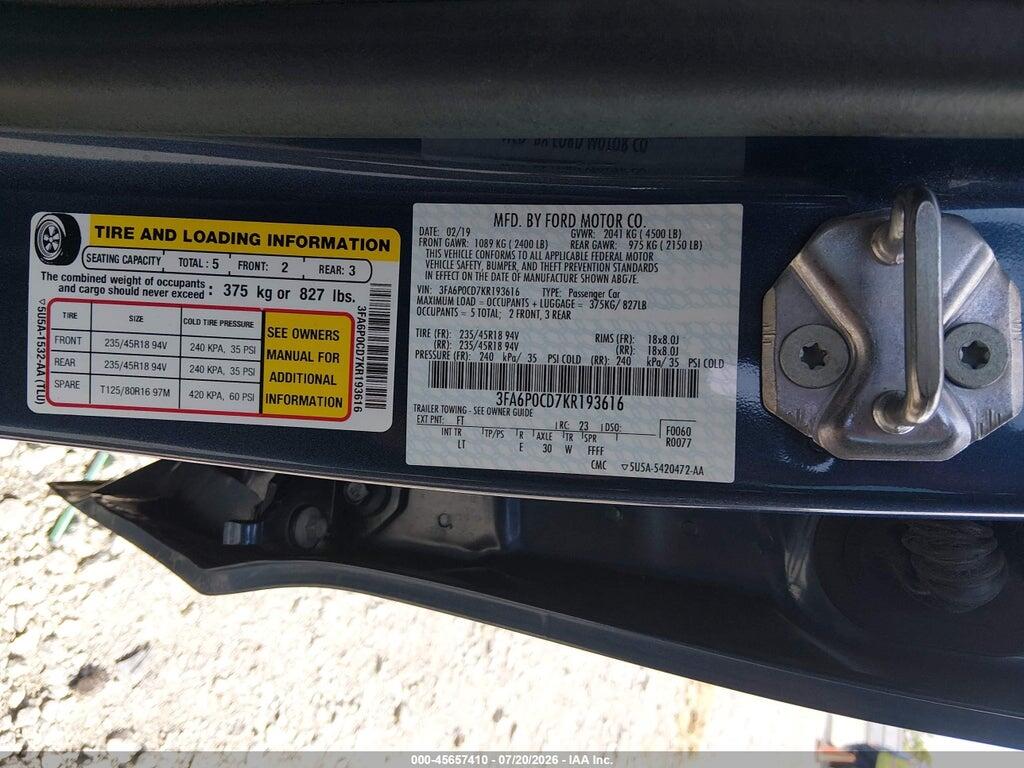 3FA6P0CD7KR193616 2019 FORD FUSION photo no. 9