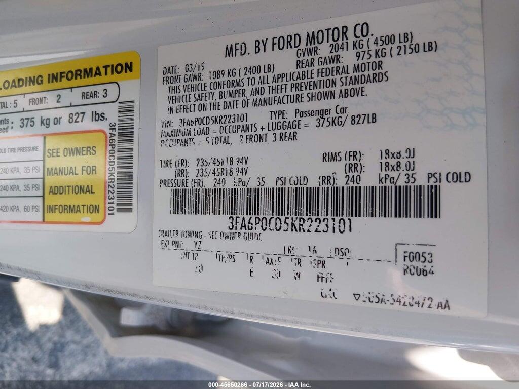 3FA6P0CD5KR223101 2019 FORD FUSION photo no. 9