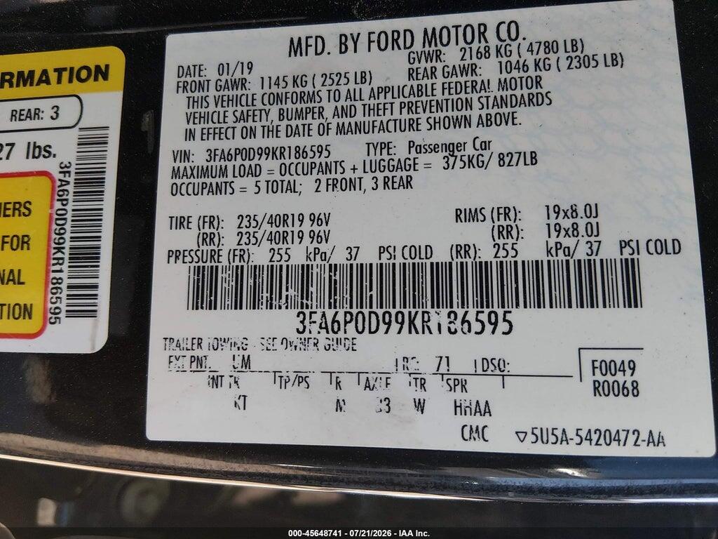 3FA6P0D99KR186595 2019 FORD FUSION photo no. 9