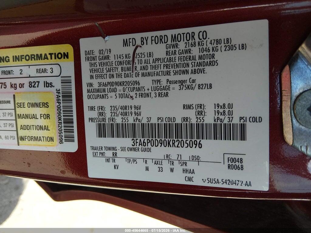 3FA6P0D90KR205096 2019 FORD FUSION photo no. 9