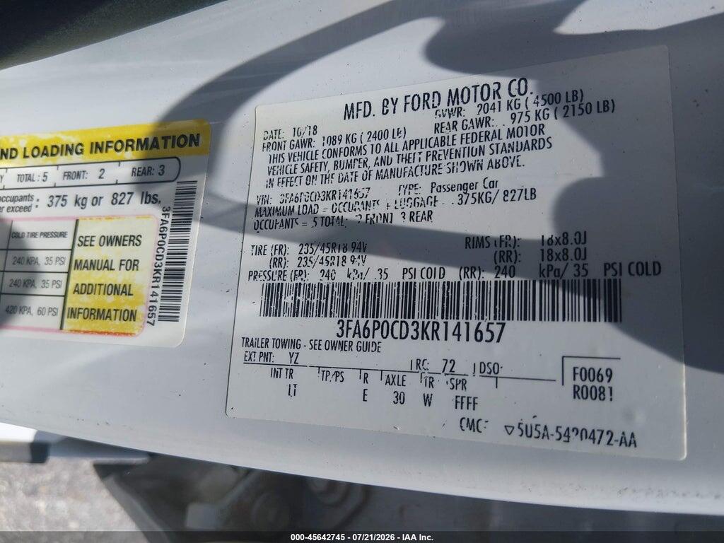 3FA6P0CD3KR141657 2019 FORD FUSION photo no. 9