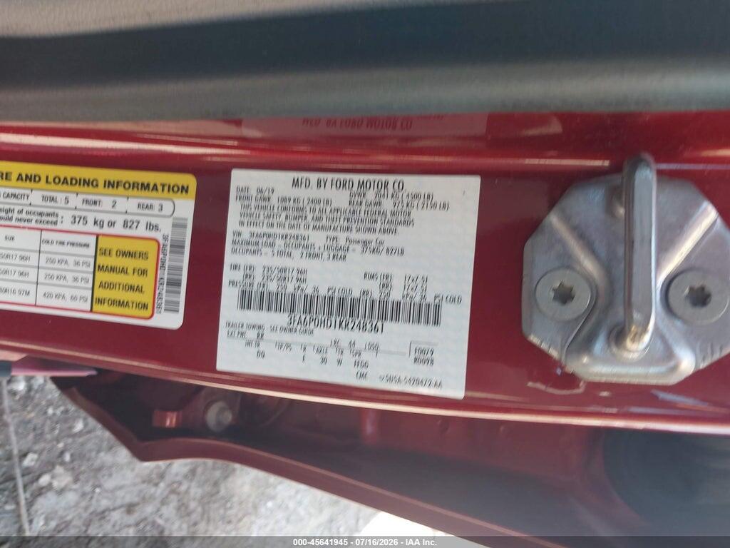 3FA6P0HD1KR248361 2019 FORD FUSION photo no. 9