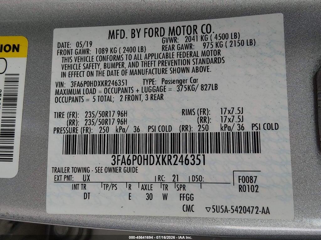 3FA6P0HDXKR246351 2019 FORD FUSION photo no. 9