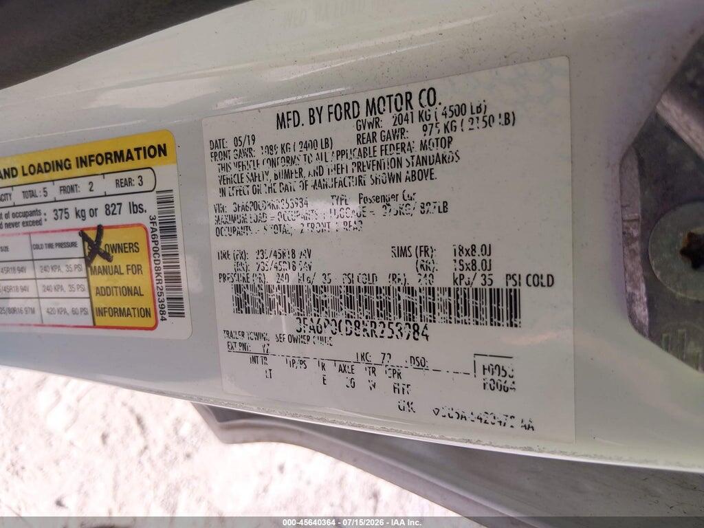 3FA6P0CD8KR253984 2019 FORD FUSION photo no. 9