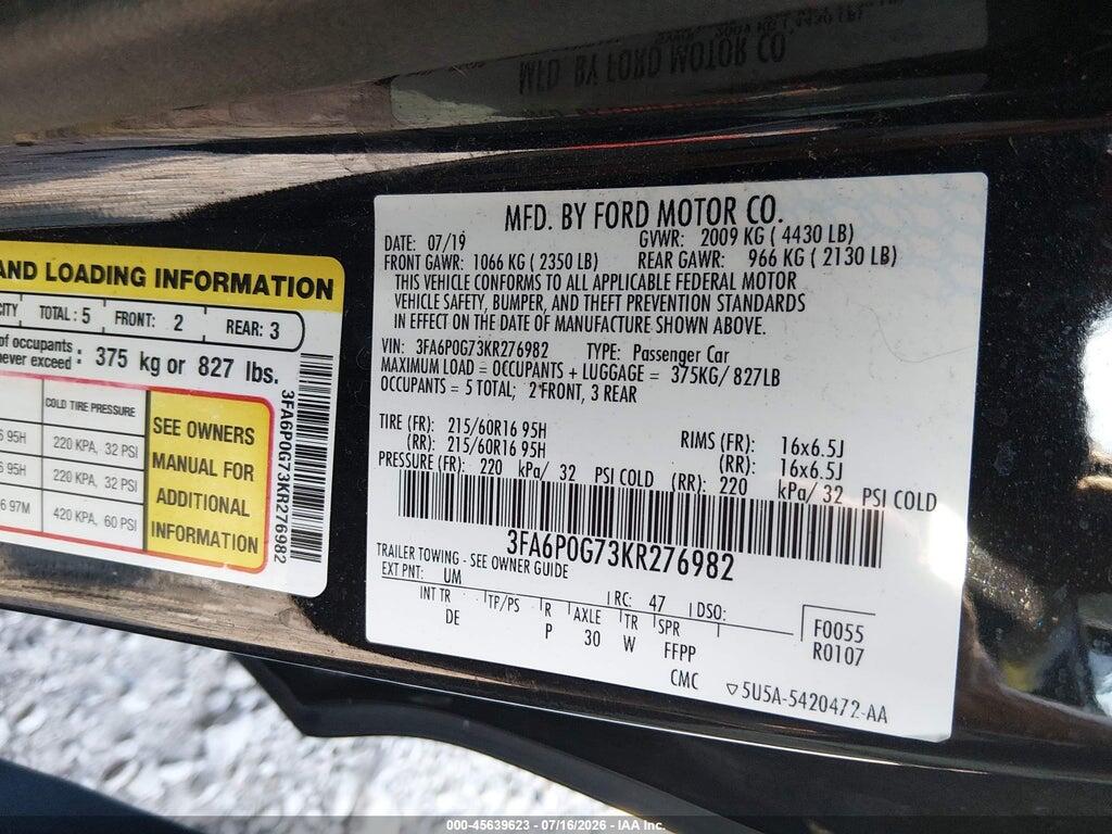 3FA6P0G73KR276982 2019 FORD FUSION photo no. 9
