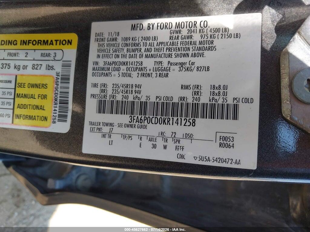3FA6P0CD0KR141258 2019 FORD FUSION photo no. 9