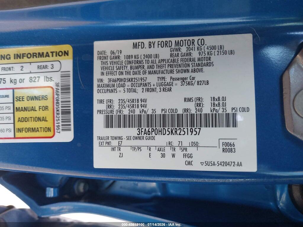 3FA6P0HD5KR251957 2019 FORD FUSION photo no. 9