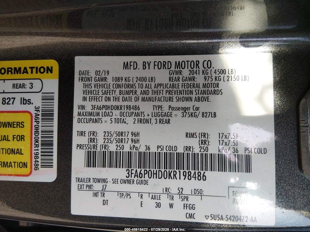3FA6P0HD0KR198486 2019 FORD FUSION photo no. 9