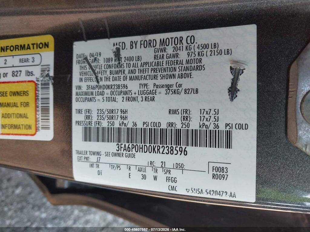 3FA6P0HD0KR238596 2019 FORD FUSION photo no. 9