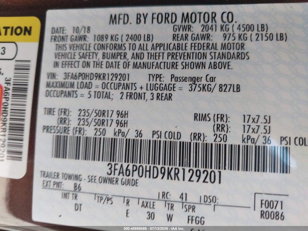 3FA6P0HD9KR129201 2019 FORD FUSION photo no. 9