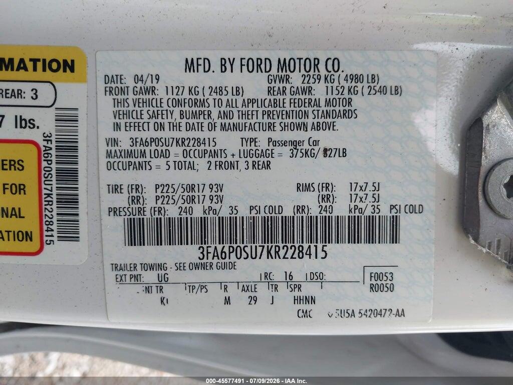 3FA6P0SU7KR228415 2019 FORD FUSION photo no. 9
