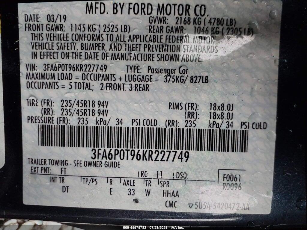 3FA6P0T96KR227749 2019 FORD FUSION photo no. 9