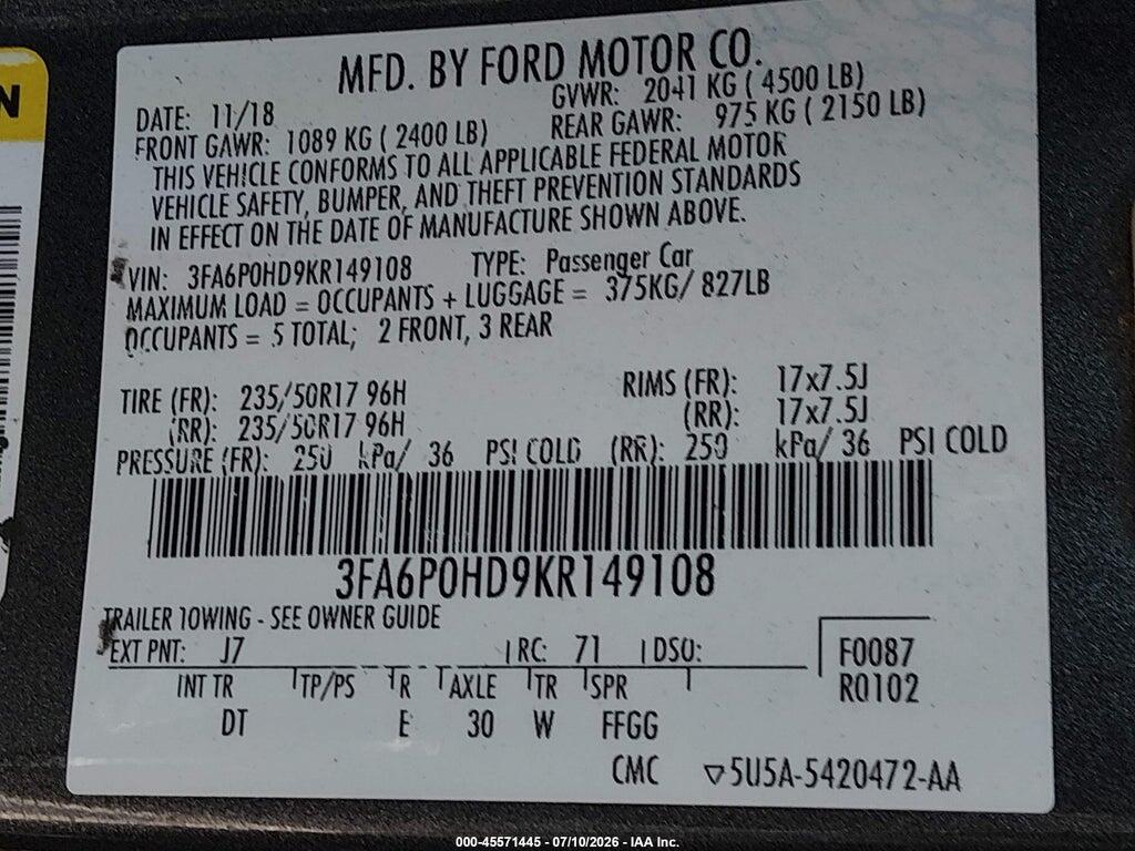 3FA6P0HD9KR149108 2019 FORD FUSION photo no. 9